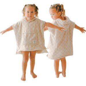 Sunday Swim Co Hooded Poncho Towel for Toddlers, Muslin Cotton,4-5T, Beige Check